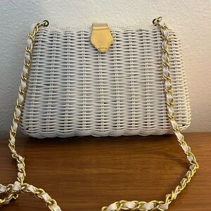 Vintage Emp Orr White Gold Chain Woven Wicker Clutch Handbag Purse